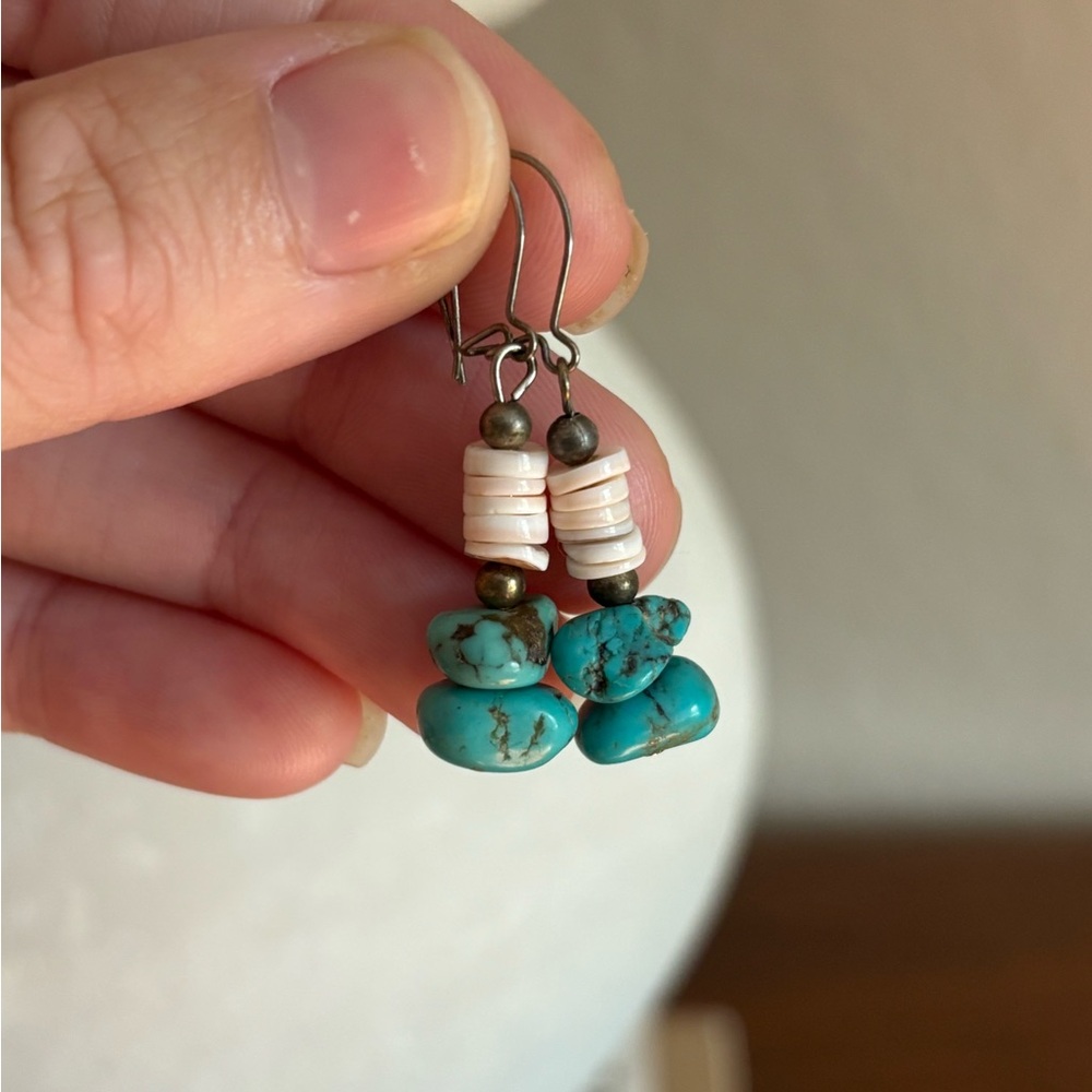 Turquoise and Heishi Beaded Drop Dangle Earrings Beach Style Summer Old Pawn